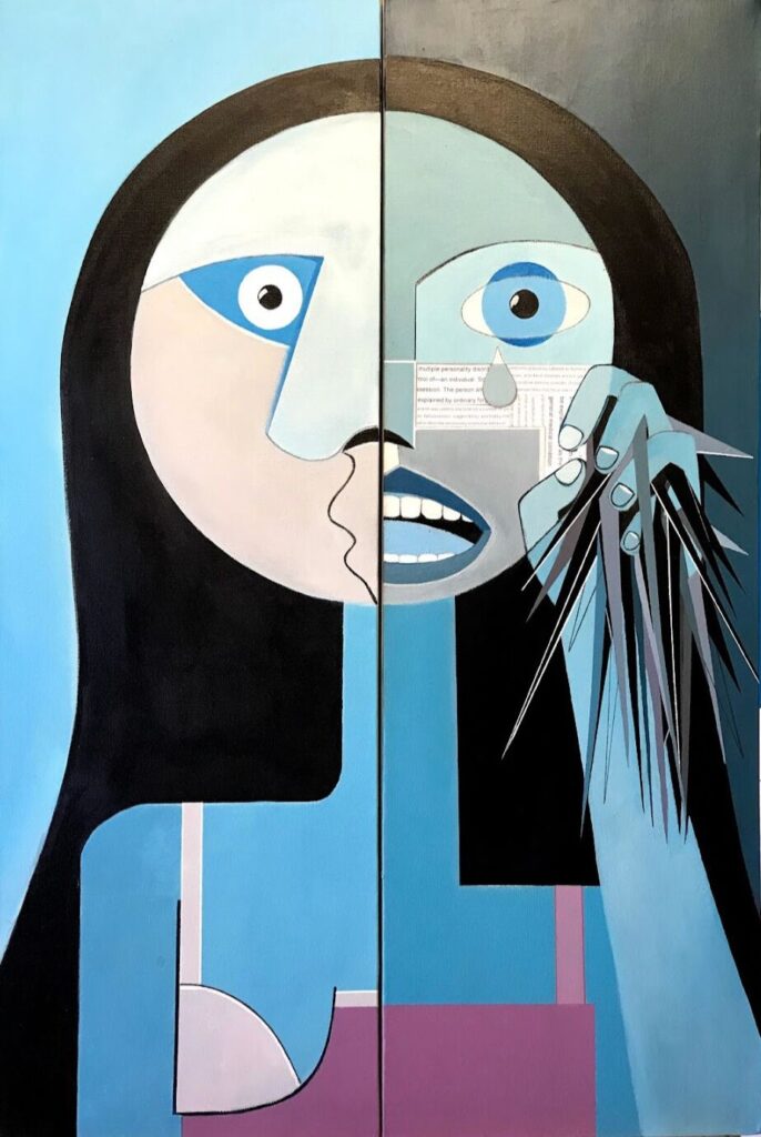 Cubist surrealist acrylic diptych of a woman with split personality depicting two very different sides, one calm and the other one hysterical.