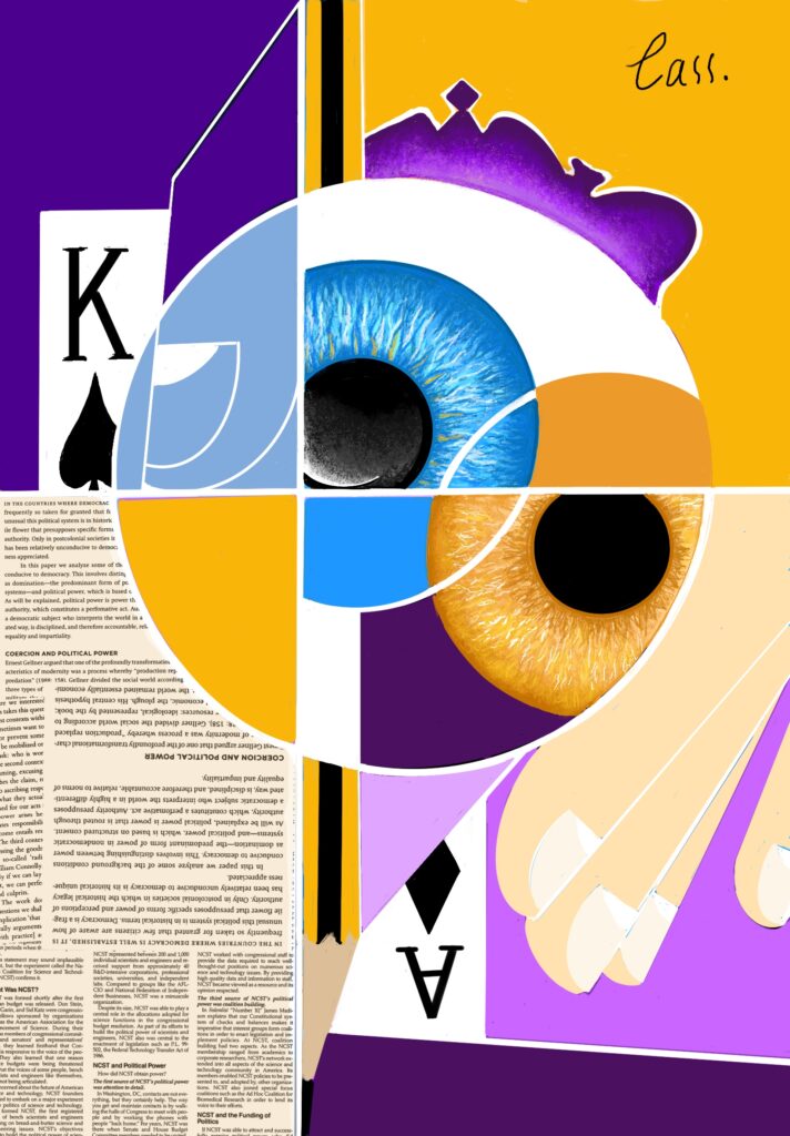 Cubist surrealist painting showing different elements like poker card, a hand and two eyes.
