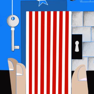 Cubist surrealism painting with a hand holding an American flag representing a prison's door, another hand holding the key to that door, and a bullet.