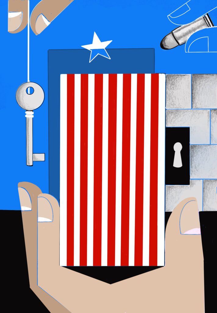 Cubist surrealism painting with a hand holding an American flag representing a prison's door, another hand holding the key to that door, and a bullet.