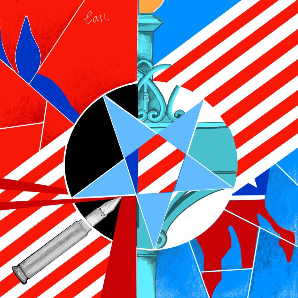 A Geocubist Surrealist piece of artwork showing the American flag, a start, the torch of the Statue of Liberty, a bullet and a donkey.