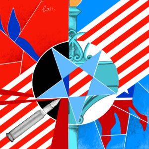 A Geocubist Surrealist piece of artwork showing the American flag, a start, the torch of the Statue of Liberty, a bullet and a donkey.
