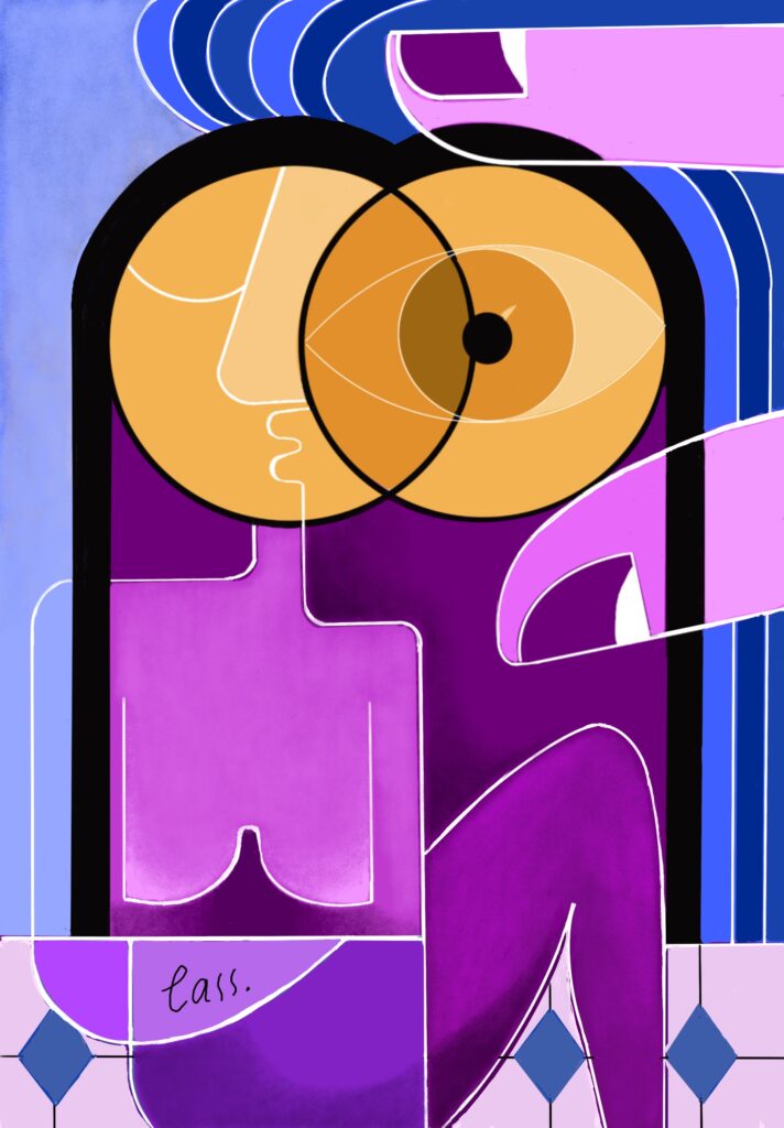 Cubist painting with blues, pinks and violets representing a woman using binoculars.