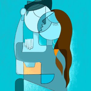 Geocubist painting of a couple embracing and kissing in turquoise blue colors.