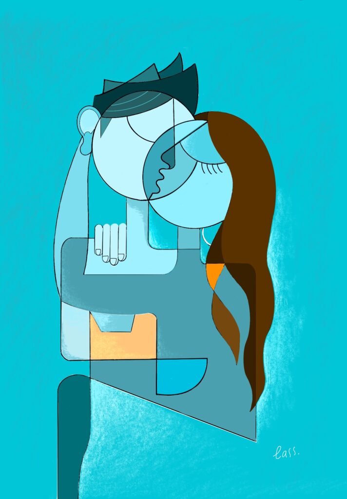 Geocubist painting of a couple embracing and kissing in turquoise blue colors.