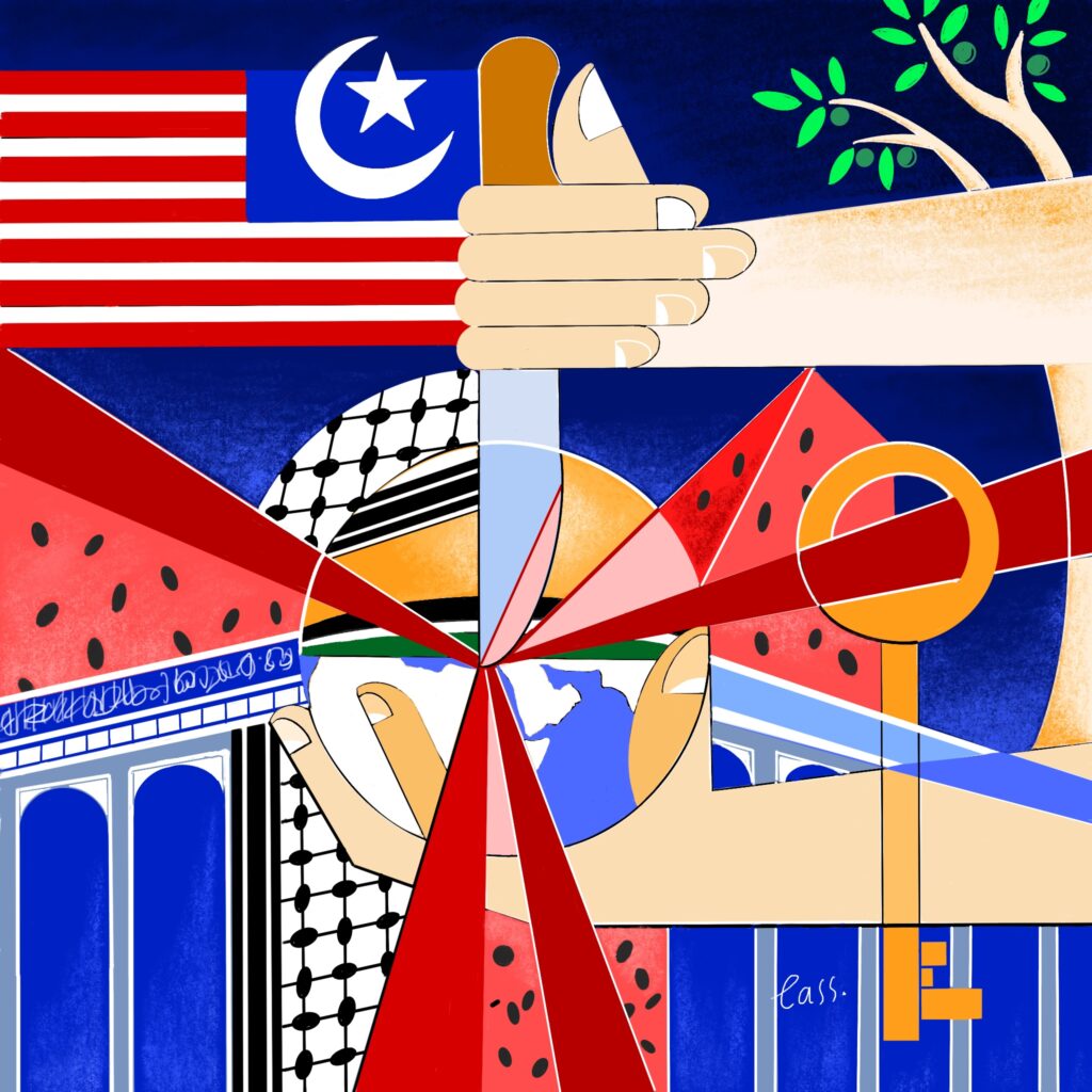 Geocubist surrealist painting showing different elements: a knife, a flag, a temple, a key, a crescent moon and a star, a tree, and pieces of a watermelon.