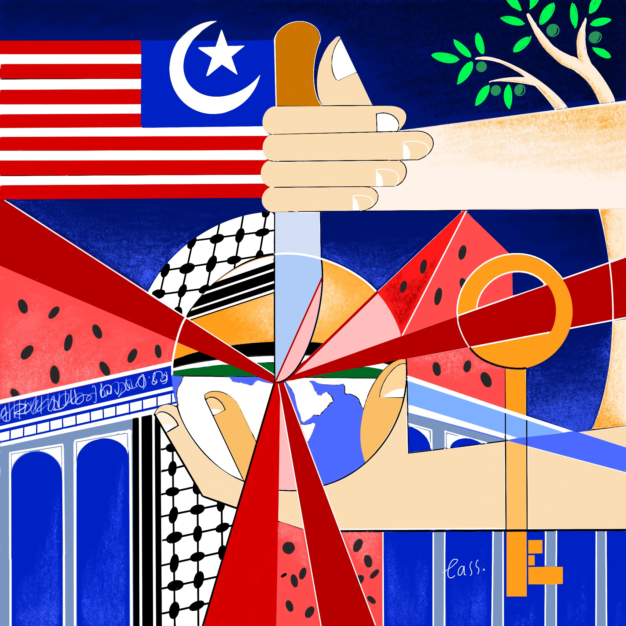 Geocubist surrealist painting showing different elements: a knife, a flag, a temple, a key, a crescent moon and a star, a tree, and pieces of a watermelon.