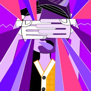 Cubist surrealist painting showing a young man covering his eyes and ears due to hypersensitivity to light and sound.