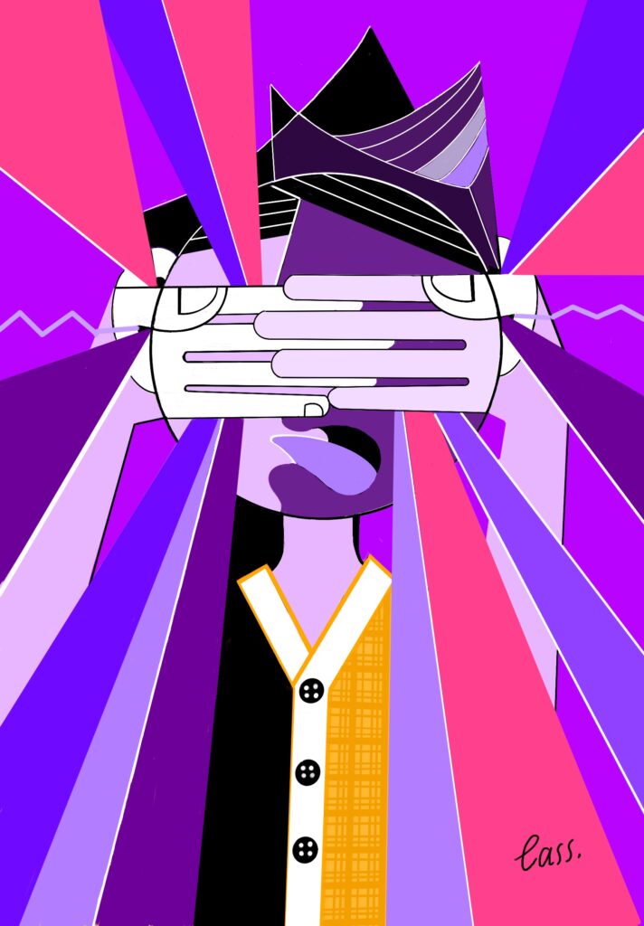 Cubist surrealist painting showing a young man covering his eyes and ears due to hypersensitivity to light and sound.