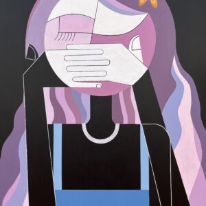 A cubist portrait of a young girl covering her face with her hands, symbolizing emotional suppression and vulnerability.