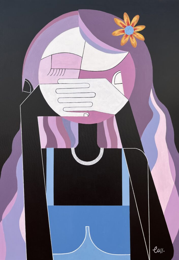A cubist portrait of a young girl covering her face with her hands, symbolizing emotional suppression and vulnerability.
