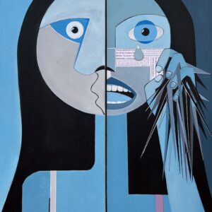 Cubist surrealist acrylic diptych of a woman with split personality depicting two very different sides, one calm and the other one hysterical.