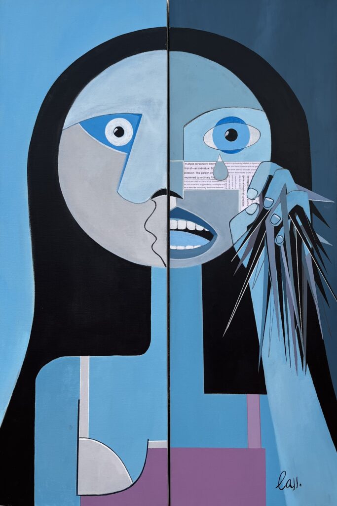 Cubist surrealist acrylic diptych of a woman with split personality depicting two very different sides, one calm and the other one hysterical.