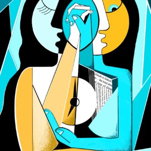 A geocubist surrealist painting about solitude with two women embracing each other.