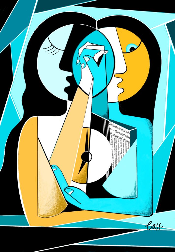A geocubist surrealist painting about solitude with two women embracing each other.