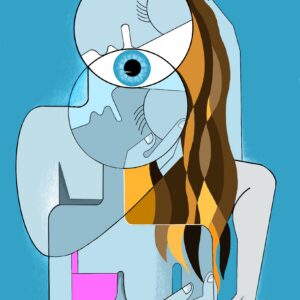 A couple shares a quiet, transcendent moment of connection. The man embraces the woman from behind, their bodies gently entwined.
