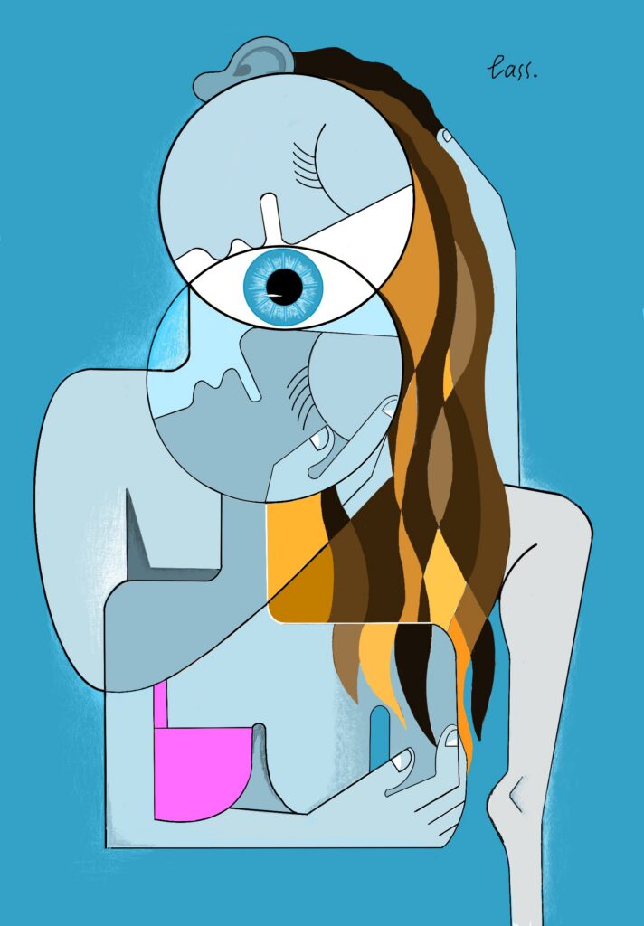 A couple shares a quiet, transcendent moment of connection. The man embraces the woman from behind, their bodies gently entwined.