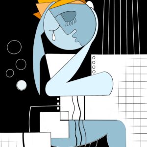 This artwork is a geocubist surrealist exploration of emotional collapse and inner fragmentation. The painting depicts a young man showering beneath a stream of cold water