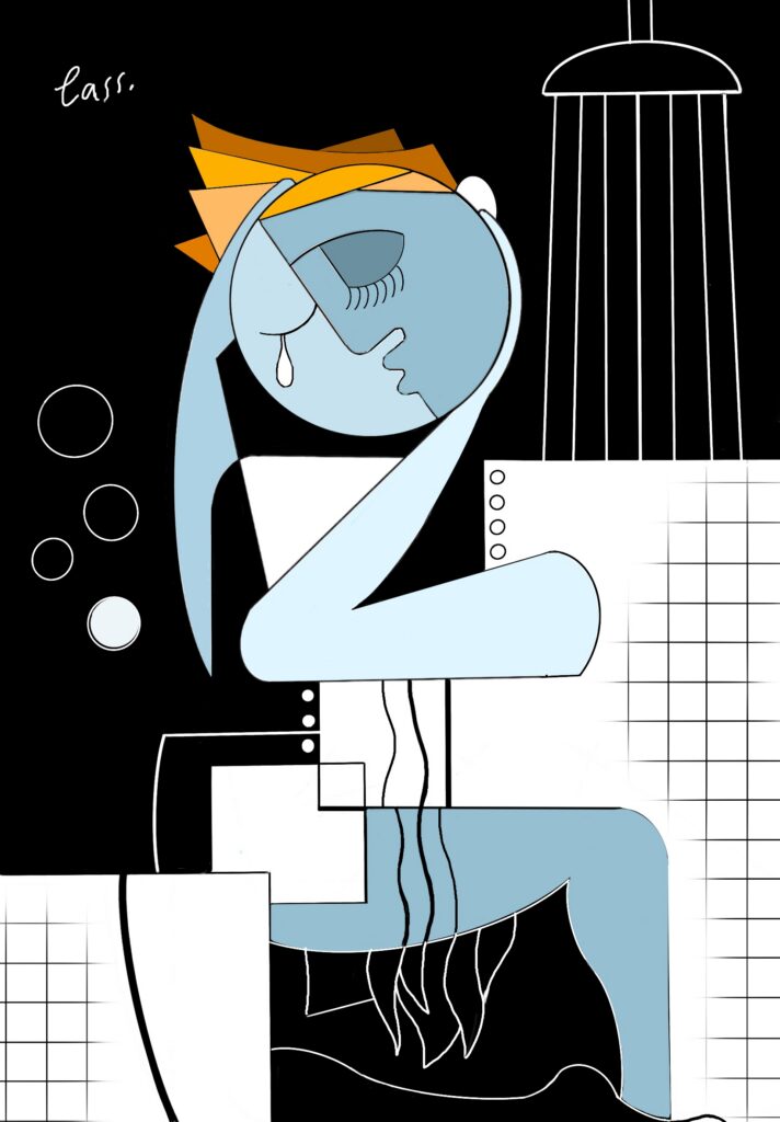 This artwork is a geocubist surrealist exploration of emotional collapse and inner fragmentation. The painting depicts a young man showering beneath a stream of cold water