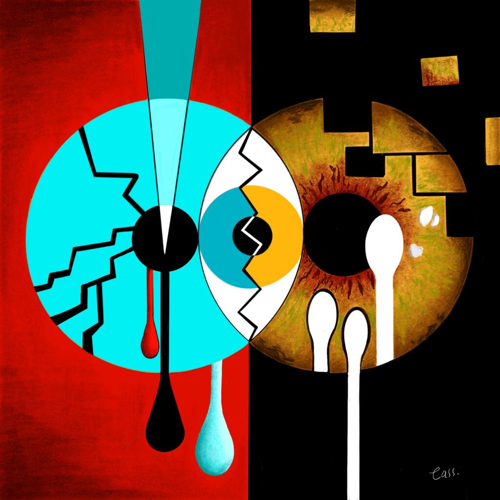 Two eyes face one another across a divide of color and revelation. One fractures with three breaks and three tears; the other dissolves into shifting fragments and quiet intrusions.