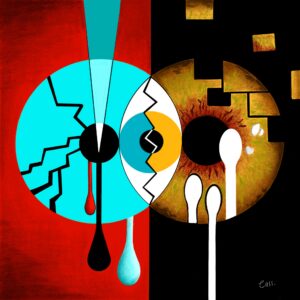 Two eyes face one another across a divide of color and revelation. One fractures with three breaks and three tears; the other dissolves into shifting fragments and quiet intrusions.
