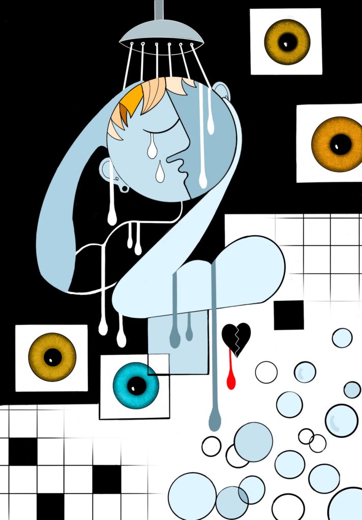 This artwork captures the moment after manipulation is exposed—when clarity arrives, but comfort does not. It is the unbearable honesty of knowing, standing alone, soaked in awareness, with no way to turn the water off.