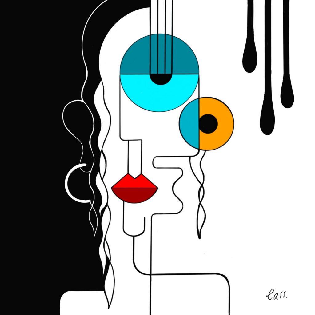 A fractured face emerges from a field divided between darkness and light. Clean geometric contours outline a figure that appears composed, balanced even elegant