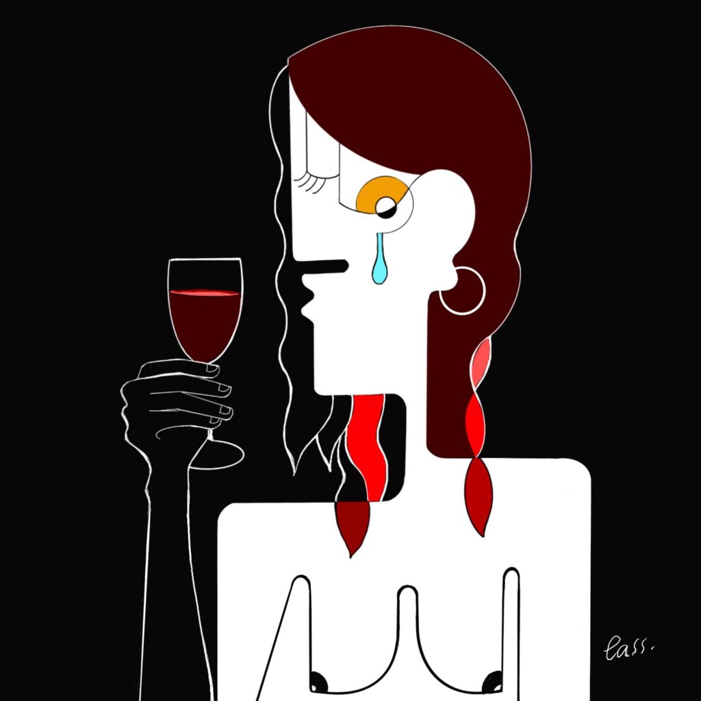 A profile emerges against a deep black field — composed, elegant, almost ceremonial. The figure holds a glass of red, suspended mid-gesture, as if caught between a toast and a confession.