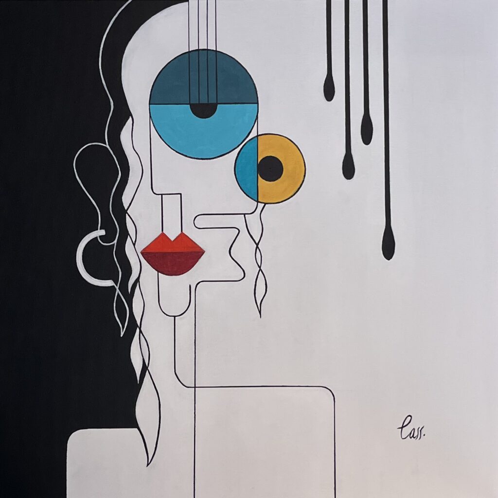 In this geocubist surrealist artwork a fractured face emerges from a field divided between darkness and light. Clean geometric contours outline a figure that appears composed, balanced and elegant.