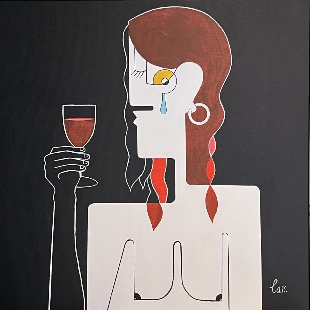 Geocubist surrealist artwork of a figure emerging against a black field holding a glass of red, suspended mid-gesture, caught between a toast and a confession.