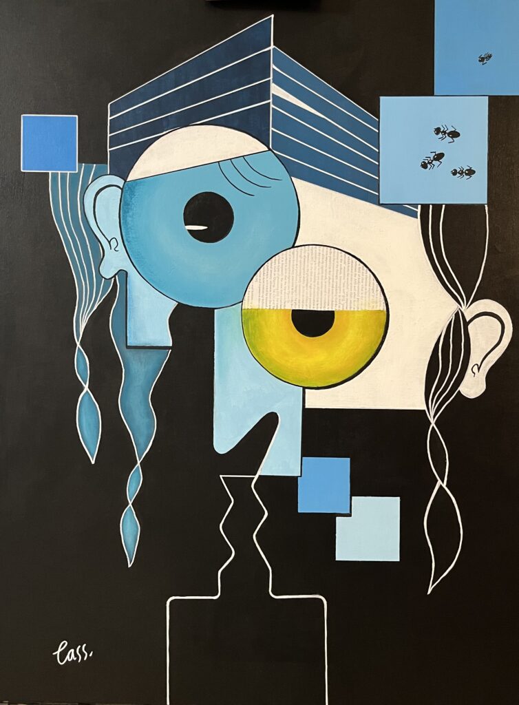 Mixed-media geocubist surrealist artwork that explores the difficult, deliberate process of rebuilding a relationship after turmoil.