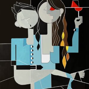 A geocubist surrealist work where two figures occupy the same space, physically close and visually intertwined, yet they no longer seem completely connected.