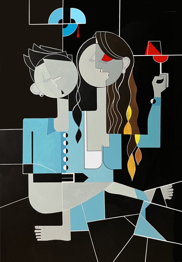 A geocubist surrealist work where two figures occupy the same space, physically close and visually intertwined, yet they no longer seem completely connected.