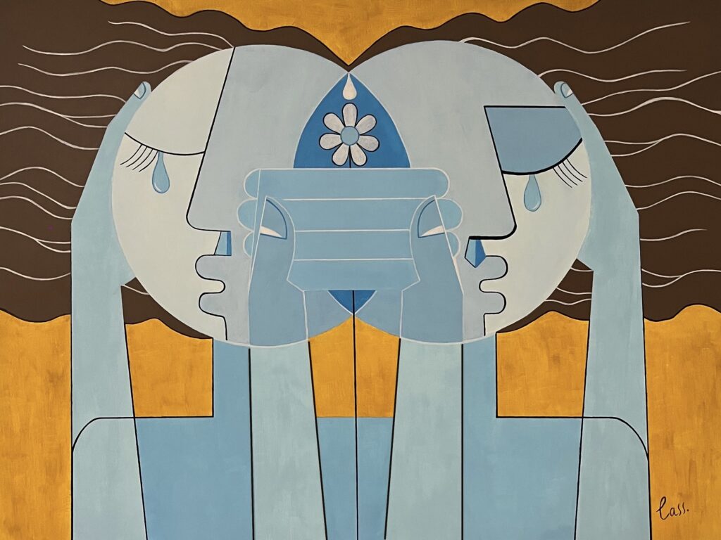 This acrylic geocubist surrealist painting called "Emotional Empathy" is a striking exploration of shared sorrow and the deep connection between two beings.