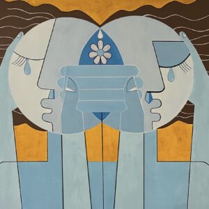 This acrylic geocubist surrealist painting called "Emotional Empathy" is a striking exploration of shared sorrow and the deep connection between two beings.