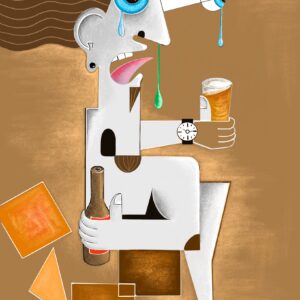 Rattled (2026), a Geocubist Surrealist artwork by Alex Carr depicting a fragmented, distorted figure holding a bottle and glass, with exaggerated eyes, tears and geometric forms against a warm ochre background.