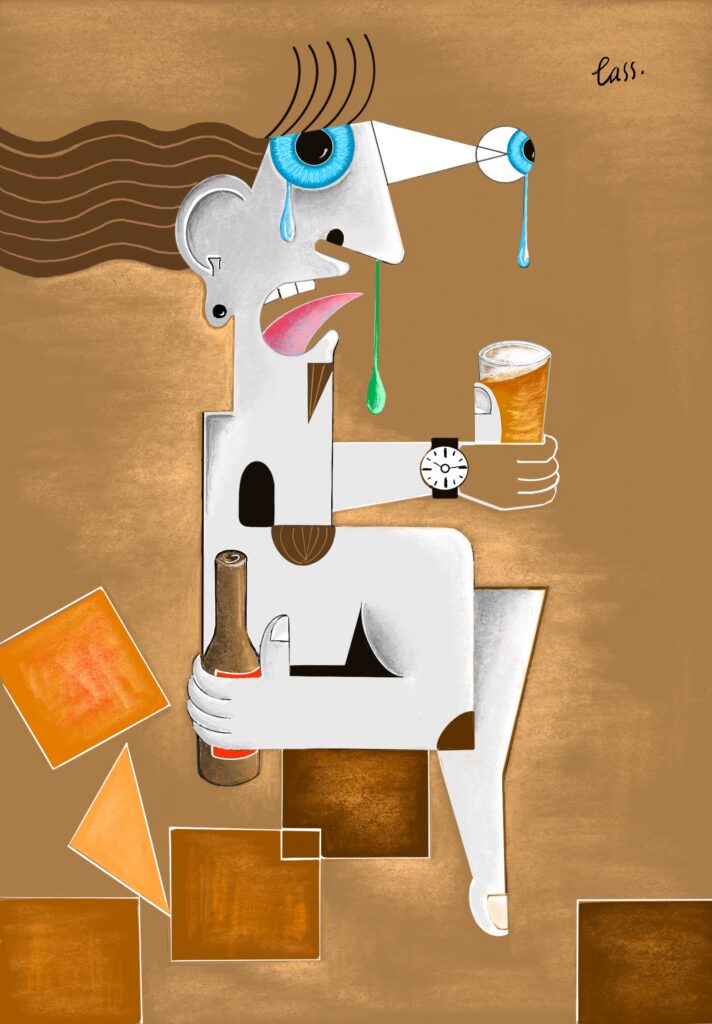Rattled (2026), a Geocubist Surrealist artwork by Alex Carr depicting a fragmented, distorted figure holding a bottle and glass, with exaggerated eyes, tears and geometric forms against a warm ochre background.